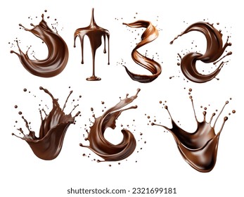 Juego de salpicaduras y gotas de café o chocolate marrón líquido en el vector de fondo blanco
