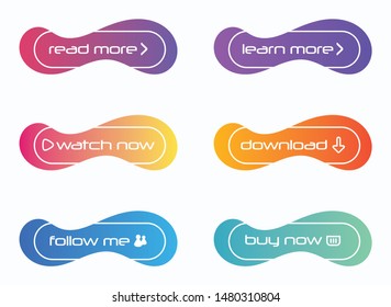 Set of Liquid Buttons with trendy gradient colors. Read more, download, buy now, follow me, etc. Great for mobile app, web design, banner, presentation, etc.