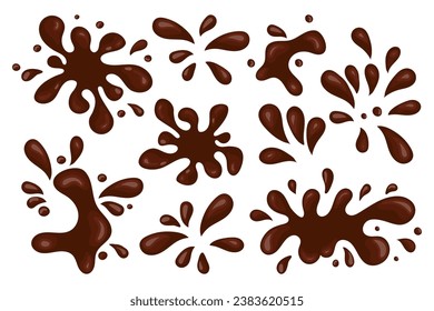Set of liquid chocolate splashes, pours and chocolate milk stains. Design elements, vector