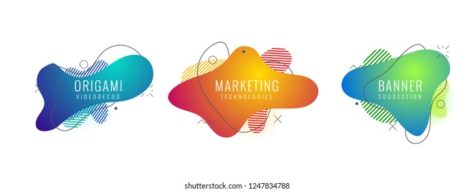 Conjunto de formas geométricas abstractas de color líquido. Elementos de gradiente fluido para banner mínimo, logotipo, post social. Elementos dinámicos futuristas de moda. Antecedentes abstractos. Vector Eps10.