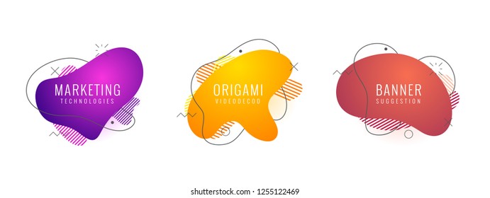 Conjunto de formas geométricas abstractas de color líquido. Elementos de gradiente fluido para banner mínimo, logotipo, post social. Elementos dinámicos futuristas de moda. Antecedentes abstractos. Vector Eps10.