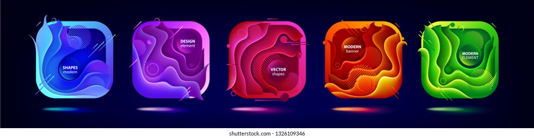 Set of liquid color abstract geometric shapes. Fluid gradient elements for minimal banner, logo, social post. Futuristic trendy dynamic elements. Abstract background. Vector. Eps10