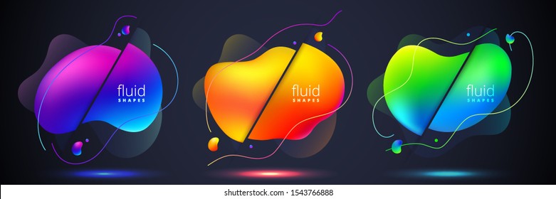 Conjunto de formas geométricas abstractas de color líquido. Elementos de degradado fluido para banner mínimo, logotipo, post social. Elementos dinámicos futuristas de moda. Antecedentes abstractos. Vector Eps10.