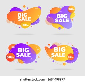 Set of liquid color abstract geometric shapes sale banner. Fluid gradient elements for minimal banner, logo, social post.