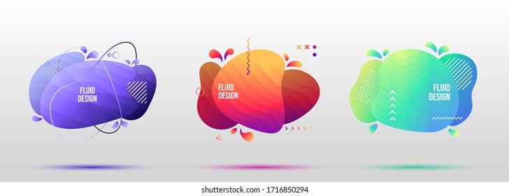 Set of liquid color abstract geometric shapes. Fluid gradient elements for design banner, logo, social media, blog post, greeting card. Futuristic trendy dynamic 3d shapes. Colorful wavy background.