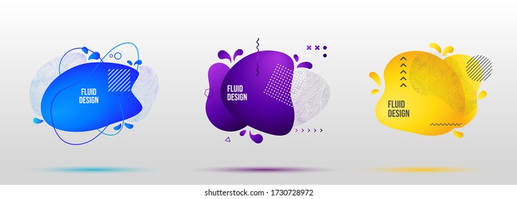 Set of liquid color abstract geometric banners. Fluid gradient elements for design cover, logo, social media, blog post, greeting card. Futuristic trendy dynamic 3d shapes. Colorful wavy background.