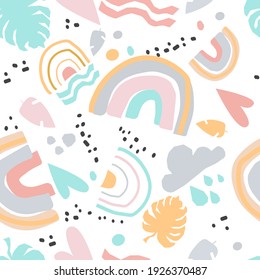 Set of liquid color icons. Abstract composition of forms. Beautiful exotic plants and a rainbow. Pastel children's print. Colorful stylish floral. Seamless pattern 