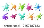 Set of Liquid colorful slime in cartoon style. Fluid mucus drip, splatter or splash isolated on white background. Sticky dribble down, toxic blot. Vector illustration.
