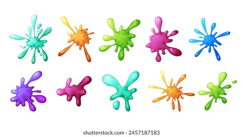 Set of Liquid colorful slime in cartoon style. Fluid mucus drip, splatter or splash isolated on white background. Sticky dribble down, toxic blot. Vector illustration.