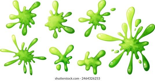 Set of Liquid colorful slime in cartoon style. Fluid mucus drip, splatter or splash isolated on white background. Sticky dribble down, toxic blot. Vector illustration.