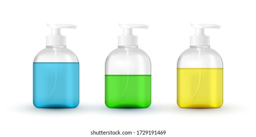 set of liquid cosmetics tube with pump. Coronavirus hand protection, hand sanitizer 3d realistic container, hand wash gel. alcohol hand wash gel with pump dispenser
