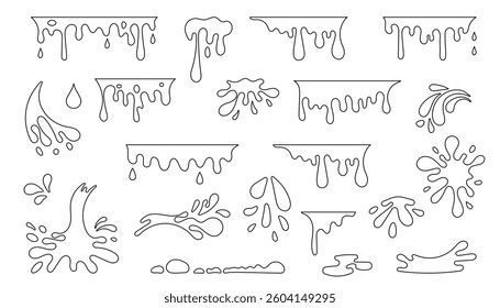 Set of Liquid Drip and Splash Outline vector Icons. Collection of dripping and splashing liquid water, milk, chocolate, blood, paint, ideal for design elements, slime graphics or fluid motion effects
