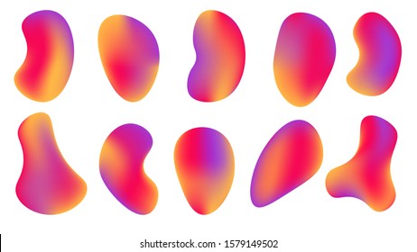 Set of liquid drops with colorful gradient on white background . Abstract 3d fluid . 