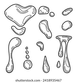 Juego de gotas líquidas. Ilustración de líneas dibujadas a mano.