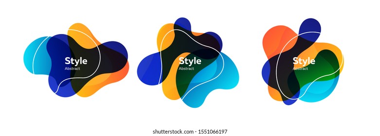 Set of liquid geometric abstract badges. Geometric colored forms and lines. Gradient abstract banners with flowing liquid shapes. Trendy design for banners, flyers, presentation slides