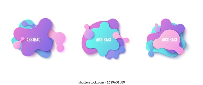 Set of liquid geometric shapes in paper cut style. Collection of three gradient color memphis bubble layered cut out of cardboard. Modern vector banner with fluid violet, coral and blue splash