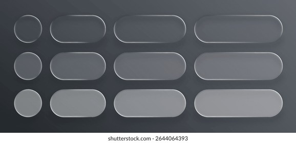 Set of liquid glass buttons and circles. Empty abstract frame or blank liquid shape. Modern user interface element for web site or mobile app design. Vector graphics.