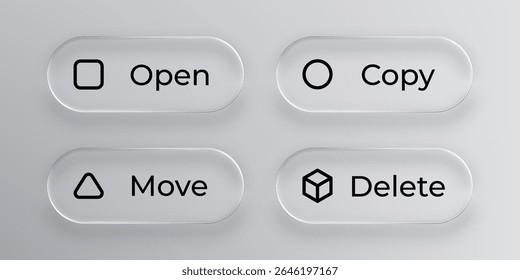 Set of liquid glass buttons with icons for opening, copying, moving, and deleting, for modern UI design.