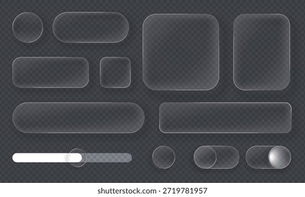 Set of liquid glass buttons and panels for UI design, featuring transparent glass morphism shapes and frosted material style