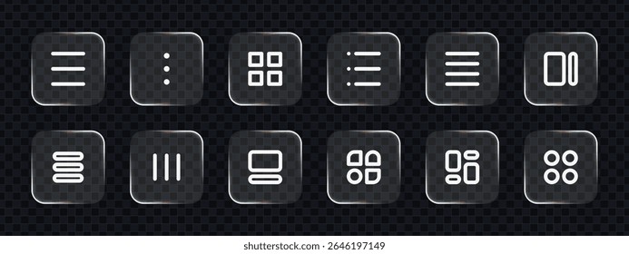 Set of liquid glass menu and option icons. UI UX design elements for modern digital interfaces. User interface liquid glass vector.