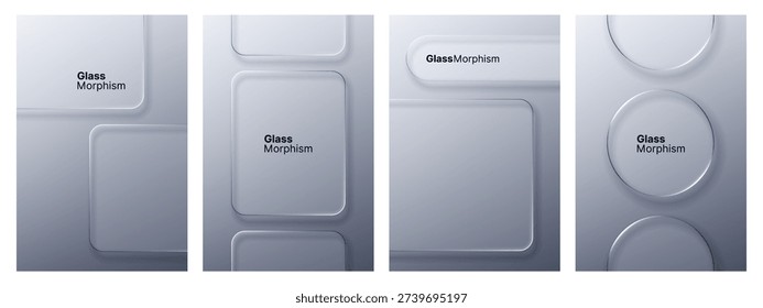 Set of liquid glass morphism blank cards with different shapes. Creative web interface element for modern UI design and website template.