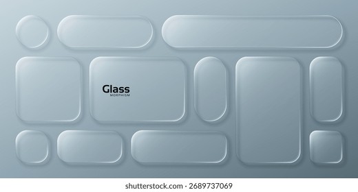Conjunto de elementos de morfismo de vidro líquido sobre fundo azul. Abstrato formas de vidro fosco geométrico para design criativo. Design de interface do usuário.