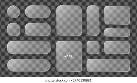 Set of liquid glass morphism elements on transparent background for modern UI design. Futuristic interface, blur button, overlay panel.