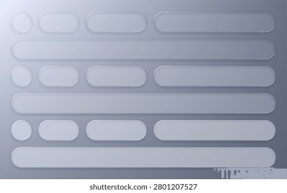 Set of liquid glass morphism elements. Frosted glass buttons and banners for user interface design. Transparent geometric shapes with soft blur effect for modern web application.