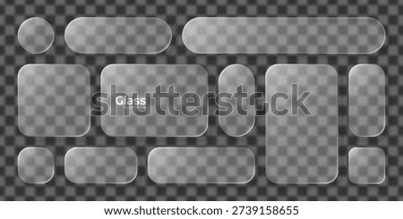 Set of liquid glass morphism elements on transparent background graphic. User interface components with blurred glassy effects for web page design.