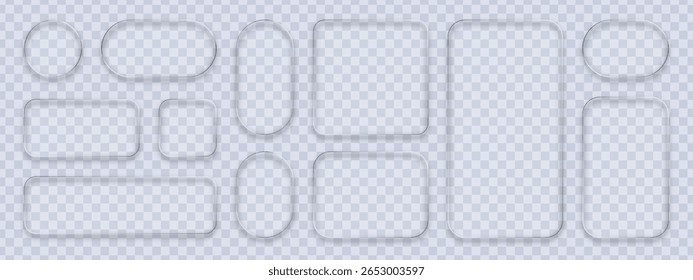 Set of liquid glass transparent plates with reflections on a checkered background for a user interface.