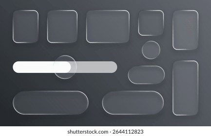 Set of liquid glass user interface shapes. Modern UI UX design elements and buttons. Abstract digital art for tech background or web.