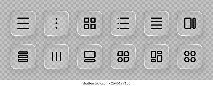 Set of liquid glass user interface icons template. Digital computer web button elements. Mobile app square glassy buttons for technology concept.