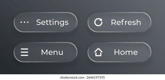 Conjunto de botões de interface de usuário de vidro líquido para design de aplicativo. Elemento de interface do usuário moderno com gradiente e superfície clara.