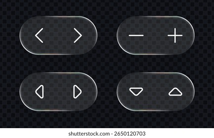 Conjunto de elementos de interface do usuário de vidro líquido. Botões de vidro com ícones de esquerda, direita, menos, mais, reproduzir e pausar. Botões de vidro.