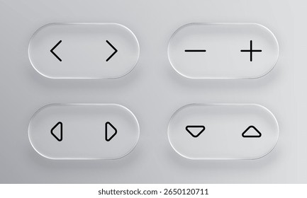 Conjunto de elementos de interface do usuário de vidro líquido, incluindo setas de navegação, sinais de mais e menos. Design moderno para web ou celular.