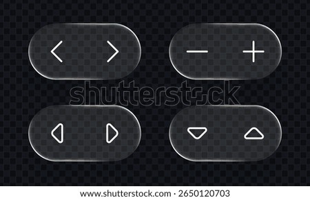 Set of liquid glass user interface elements. Glass buttons with left, right, minus, plus, play and pause icons. Glazing buttons.
