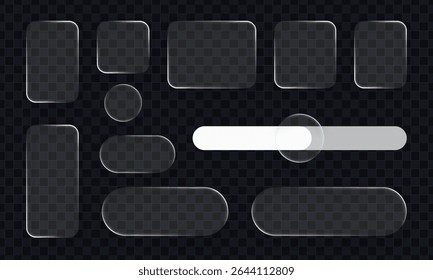 Set of liquid glass vector elements with realistic glow effect. Glassmorphism style frames collection for ui design and modern interface.