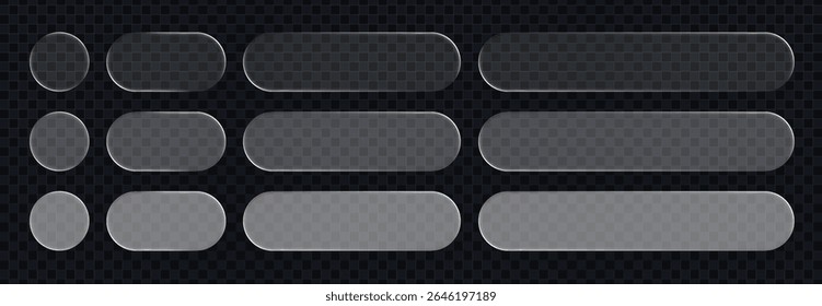 Set of liquid glass vector elements. Liquid glass concept vector. Plastic frame mock up and glass plate for button and banners.