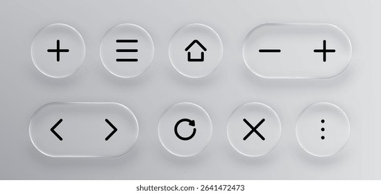 Set of liquid glass vector icons. Modern ui ux element with transparent buttons. Realistic glassmorphism style for web application design.