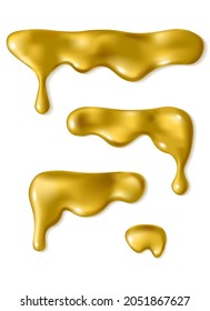 Set of liquid gold drop isolated on white background. Melted golden icing or oil drip collection. Realistic 3d horizontal leaking syrup dripping.
