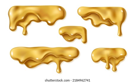 Set of liquid gold drop isolated on white background. Melted golden icing or oil drip collection. Realistic 3d horizontal leaking syrup dripping.