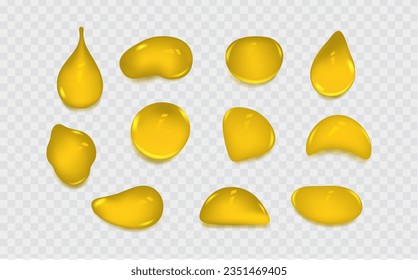 Set of liquid golden drops of water, honey or oil. Collagen cosmetic essence. Organic serum or argan bubbles. Falling gasoline yellow droplet.