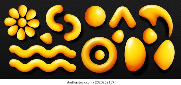 Set von flüssigen goldenen Figuren Konzept. Blume, Kreise und gekrümmte Linien auf Kopienräumen. Honig und Honigbiene. Tropfen von gelben Flüssigkeiten. Isometrische Vektorgrafik-Sammlung einzeln auf transparentem Hintergrund