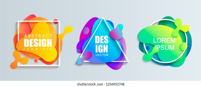 Set of liquid gradient color abstract geometric shapes.Modern banner with fluid design.Circle, triangle and square frames with wavy brighr splashes.Ready template for web, print, covers, design, logo.