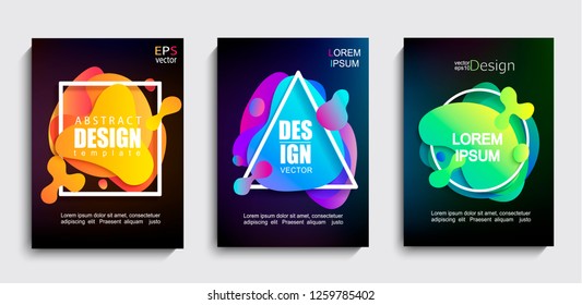 Set of liquid gradient color abstract geometric shapes on black background.Modern banner with fluid design.Circle,triangle,square frames with wavy bright splashes.Template for web,print,covers,design.