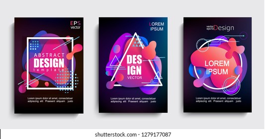 Set of liquid gradient color abstract shapes on black background.Modern banner with fluid design.Circle,triangle,square frames with wavy bright splashes.Geometric template for web,print,covers,design.