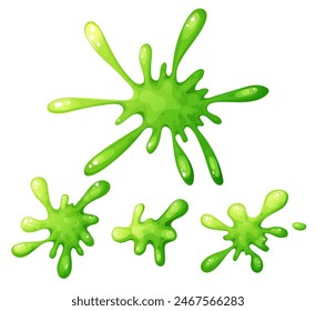 Set of Liquid green slime in cartoon style. Fluid mucus drip, splatter or splash isolated on white background. Sticky dribble down, toxic blot. Vector illustration.