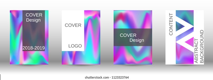 Set for liquid. Holographic abstract backgrounds. Bright mesh blurred pattern in pink, blue, green tones. Fashionable advertising vector in retro  for book, annual, mobile interface, web application.