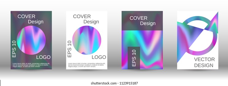 Set for liquid. Holographic abstract backgrounds. Bright mesh blurred pattern in pink, blue, green tones. Fashionable advertising vector in retro  for book, annual, mobile interface, web application.