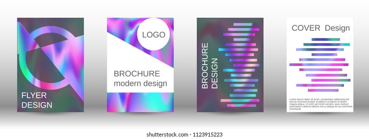 Set for liquid. Holographic abstract backgrounds. Bright mesh blurred pattern in pink, blue, green tones. Fashionable advertising vector in retro  for book, annual, mobile interface, web application.